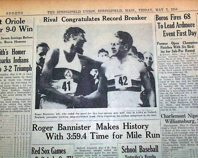 Newspaper front page from May 1954: Roger Bannister makes history by running the mile in 3:59.4