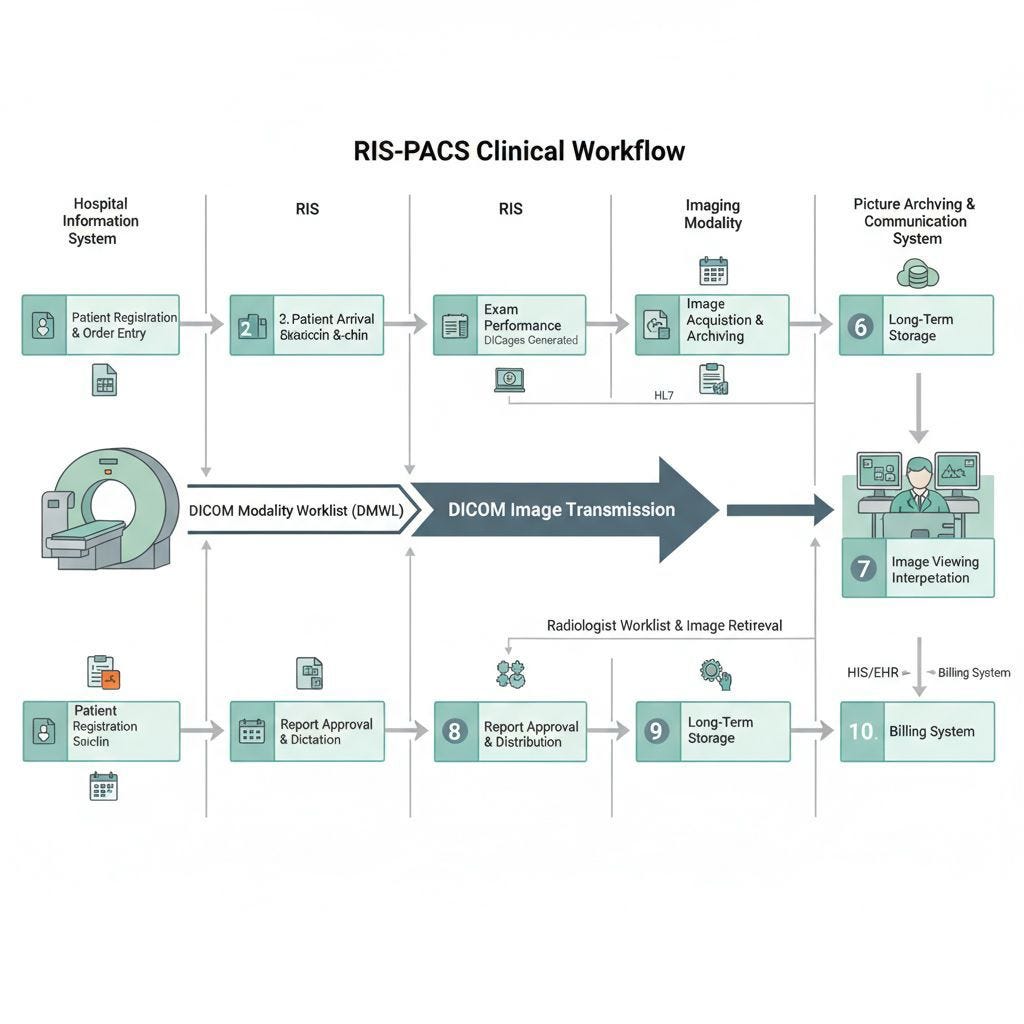 Diagram of the RIS-PACS clinical workflow: patient registration, medical order, image acquisition, radiologist interpretation, report dictation and approval, archiving, and billing